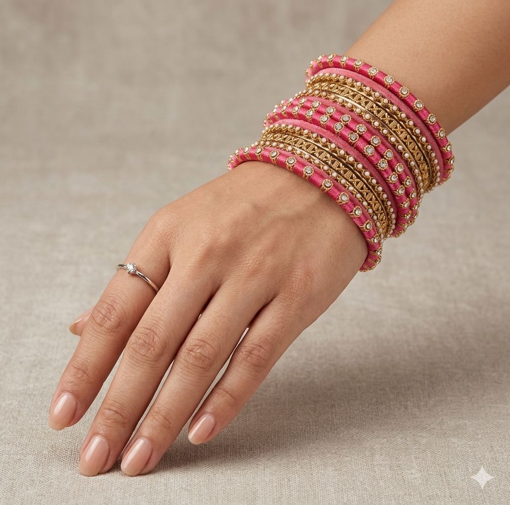 Pastel Pink Silk Thread Kundan Bangle Set in Germany