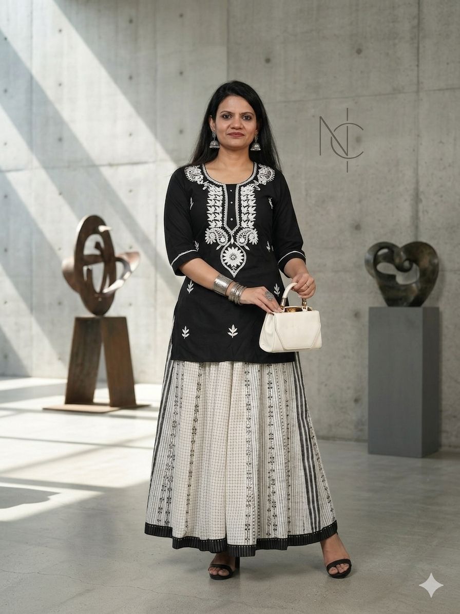 Kurti and Black and White Printed Skirt in Berlin