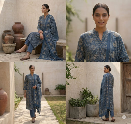 Women Blue Floral Sequined Pure Cotton Kurta with Trouser & Dupatta embroidery and fabric detail - Neha Couture Indian Fashion