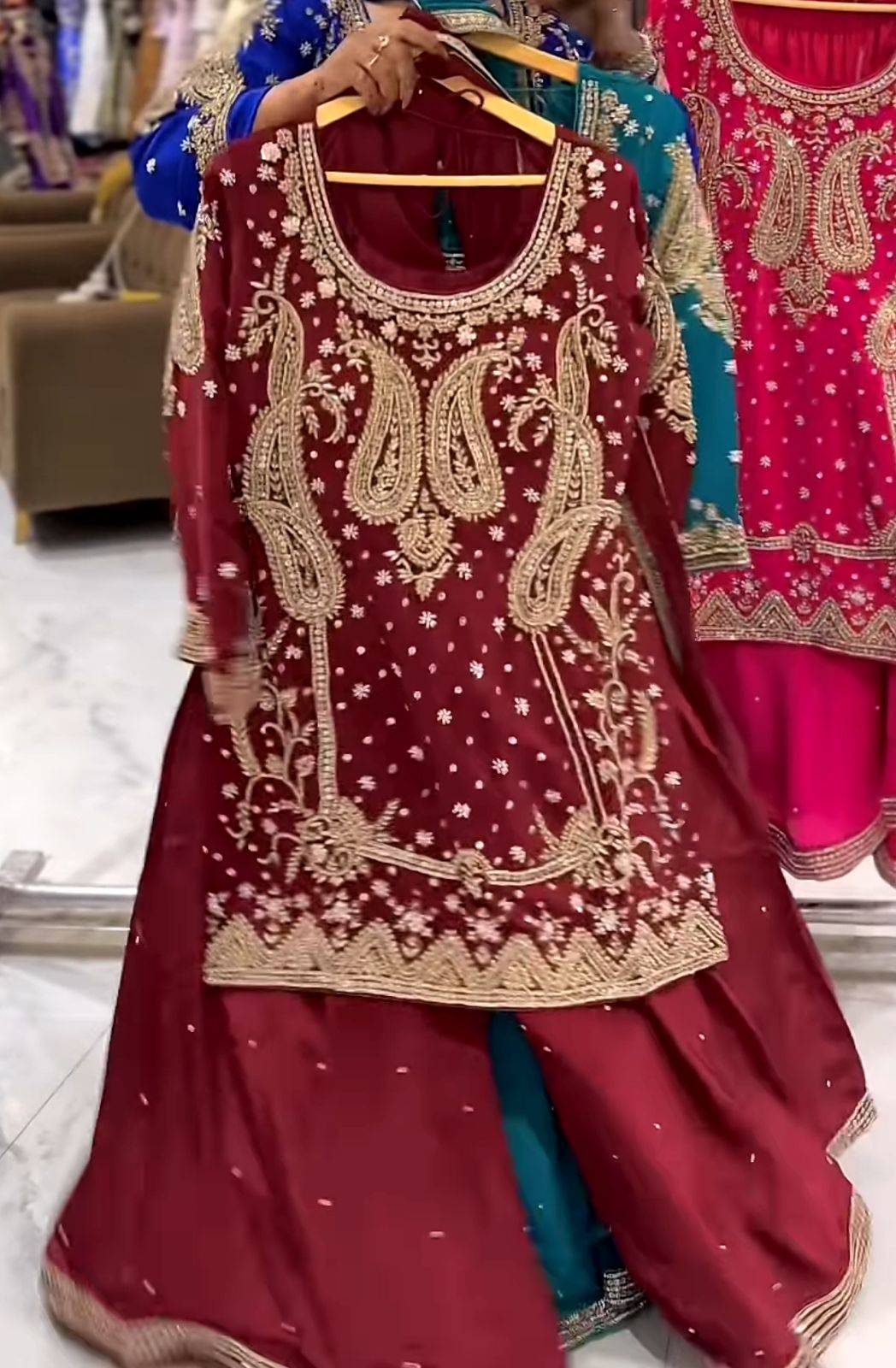 Maroon Party Wear Look Top , Sharara Plazzo and Dupatta in Germany