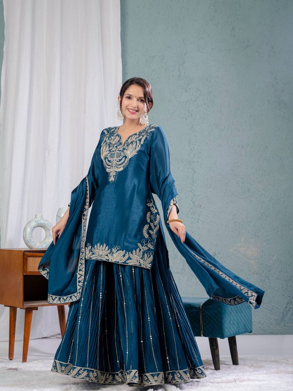 Teal Blue Heavy Embroidery Suit in Germany