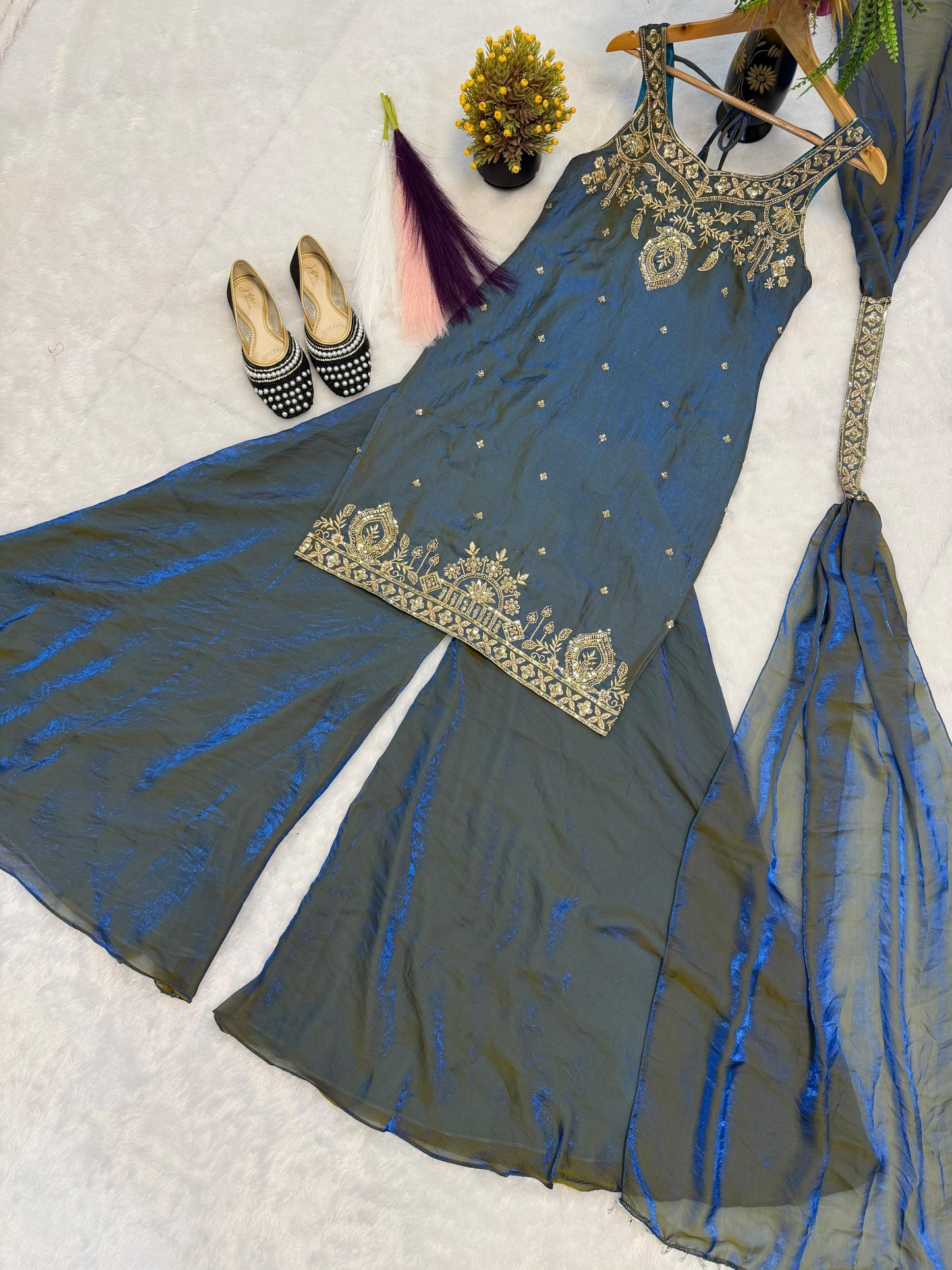 Teal Embroidery Sequence Worked Top-Plazzo And Dupatta Set in Berlin