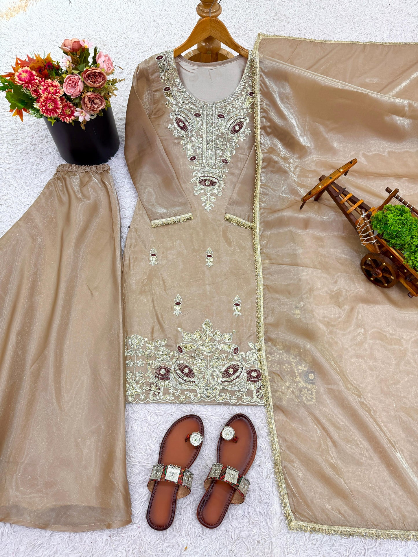 Biege Silk And Heavy Embroidery Sequence Work Top-Bottom And Dupatta Set in Germany