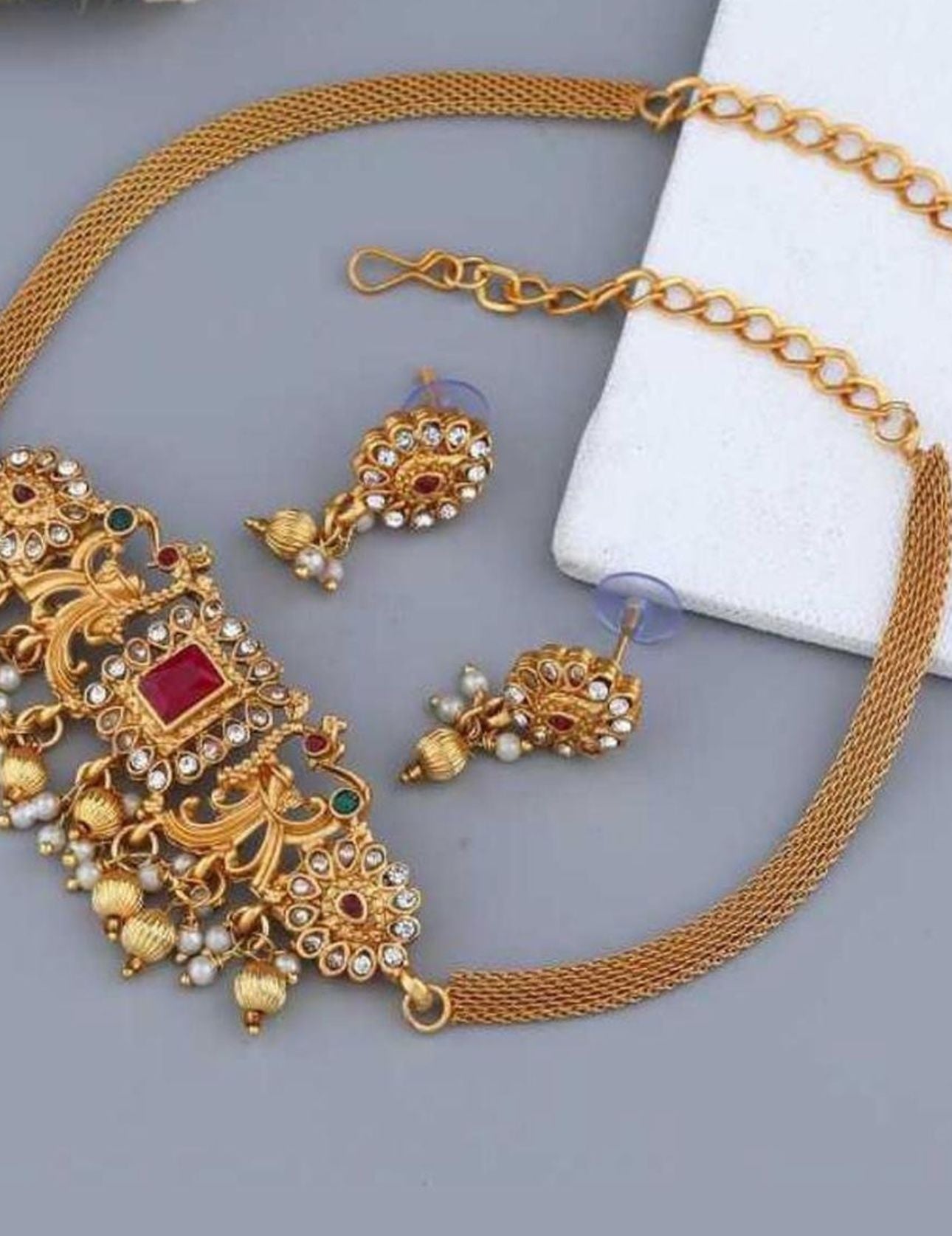 Ruby Red Beaded Gold-Toned Necklace Set with Intricate Pendant & Earrings in Germany