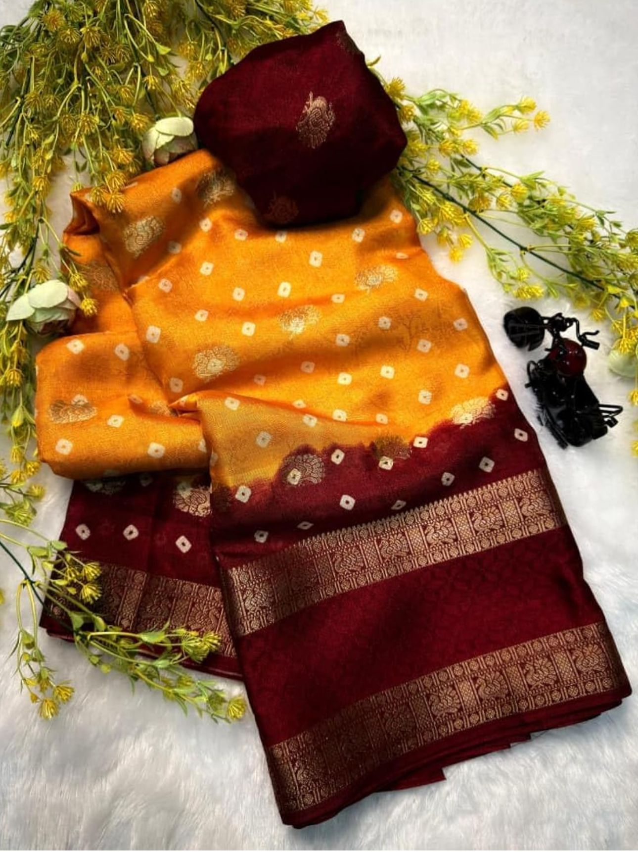 Crepe Muga Silk Saree Bandhani Pattern All Over Rich Kanjivaram Border Floral Printed Pallu With Blouse Piece in Germany