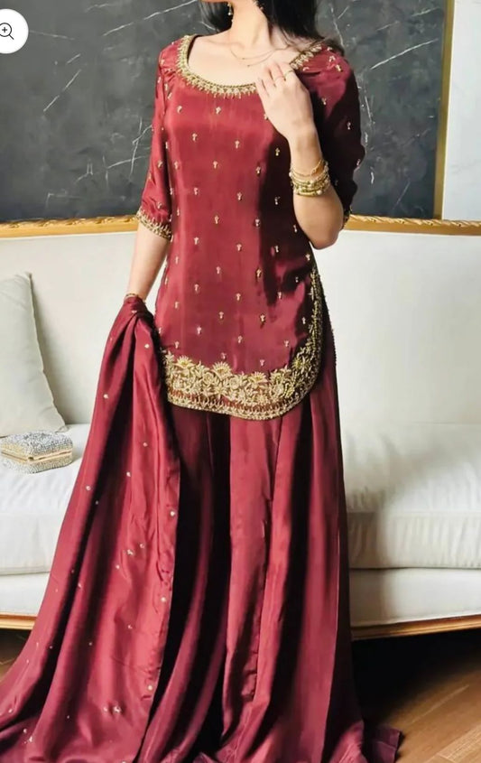 Premium Natural Crepe Silk Festive Wear Suit Set with Dupatta embroidery and fabric detail - Neha Couture Indian Fashion