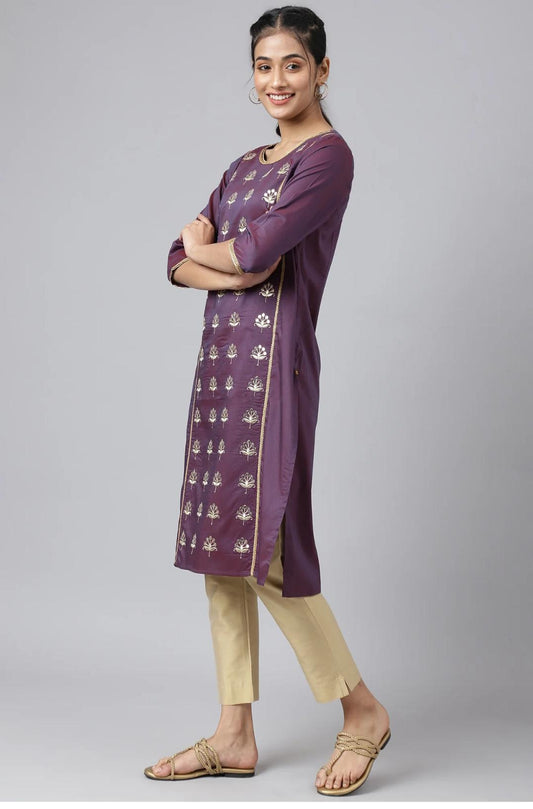 Purple Zari Embroidered Ethnic kurti embroidery and fabric detail - Neha Couture Indian Fashion