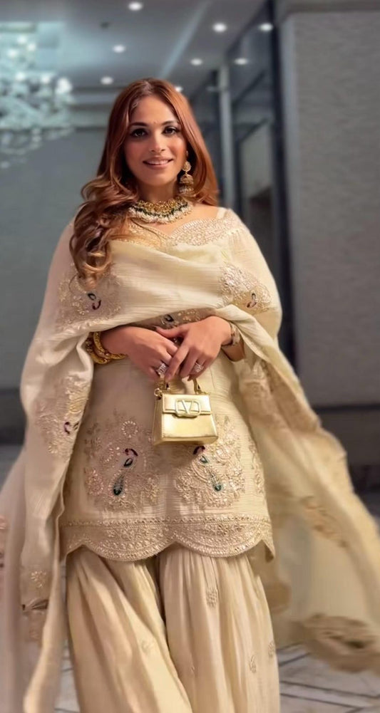 Pure Chinnon With Heavy Embroidery Coding Dori-Sequence Work Top-Bottom And Dupatta Set embroidery and fabric detail - Neha Couture Indian Fashion