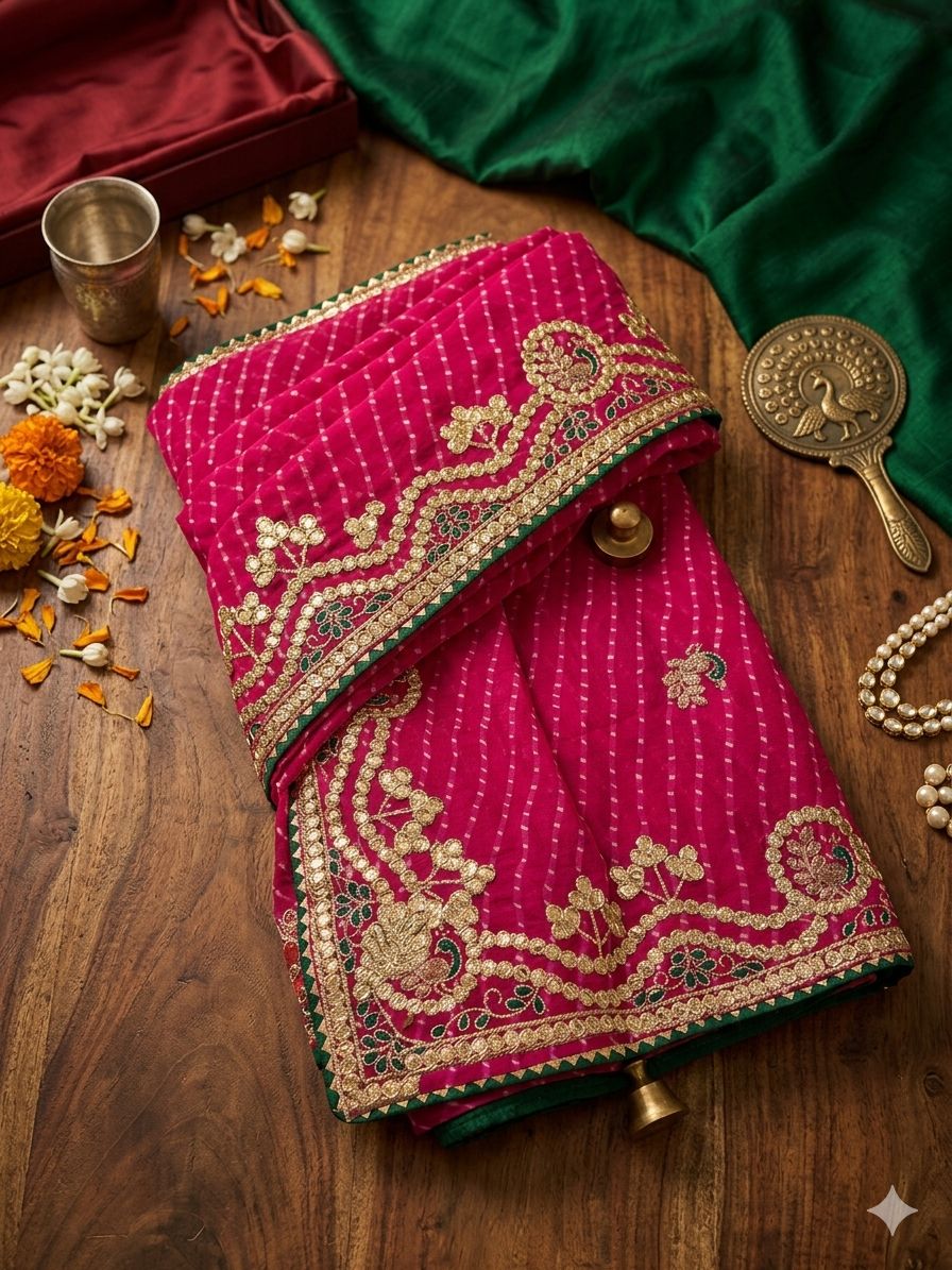 Traditional Rajasthani pink Leheriya saree unstitched blouse in Germany