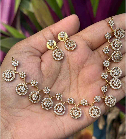 AD Stone Floral Minimal Gold Plated Necklace with Earring Premium Quality - Neha Couture Indian Fashion