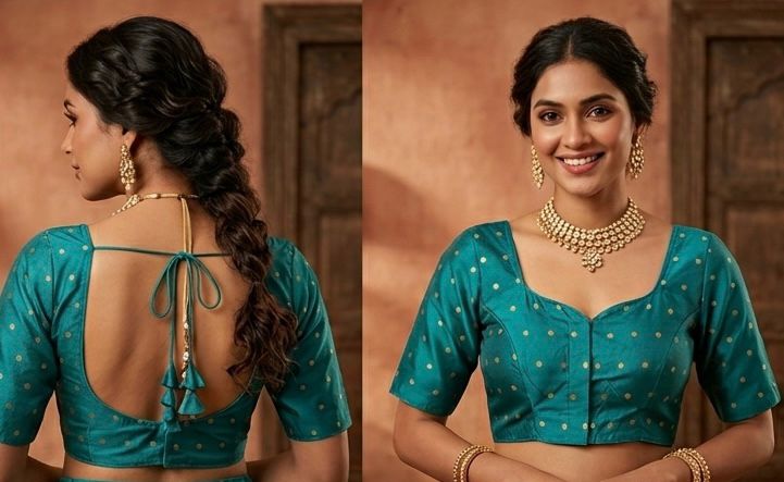 Green woven gold polka dots butti work Blouse in Germany