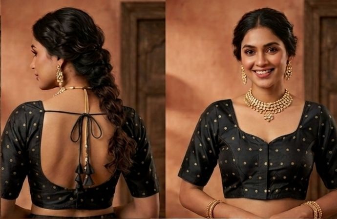Black woven gold polka dots butti work Blouse in Germany