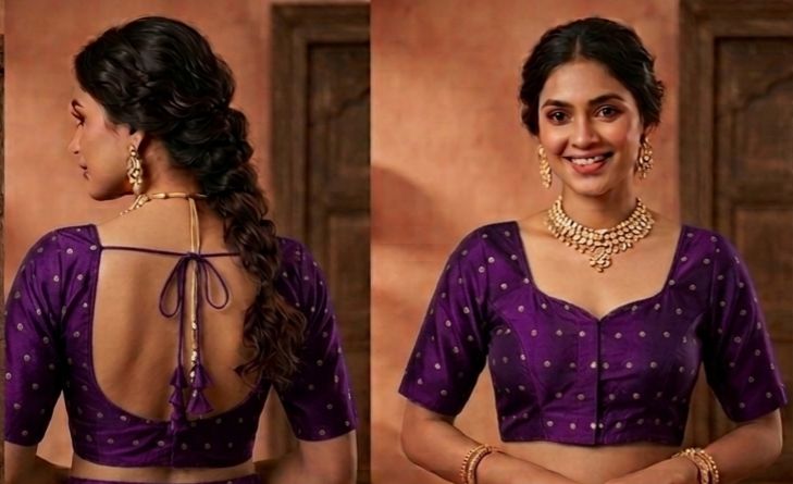 Purple woven gold polka dots butti work Blouse in Germany