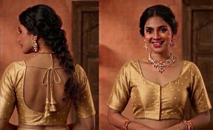 Golden woven gold polka dots butti work Blouse in Germany