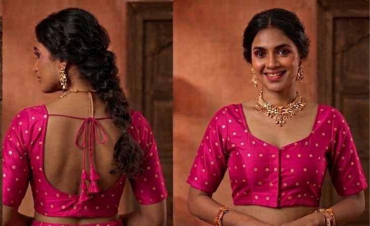 Rani Pink woven gold polka dots butti work Blouse in Germany