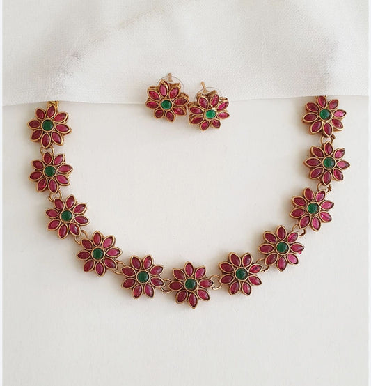 Elegant Pink Floral Choker Set with Matching Studs - Neha Couture Indian Fashion
