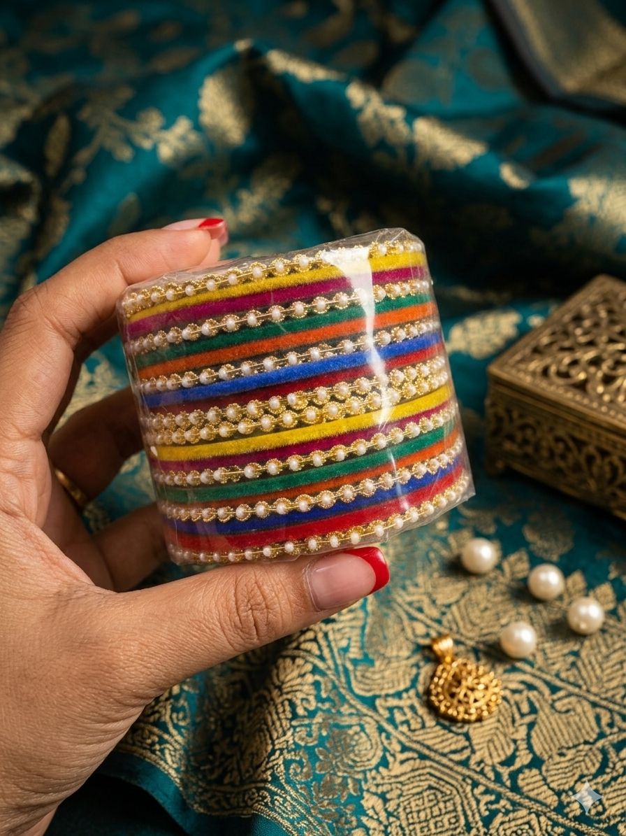 Multicoloured Kundan Pearl Zirconia Velvet Metal Bangles Set in Germany