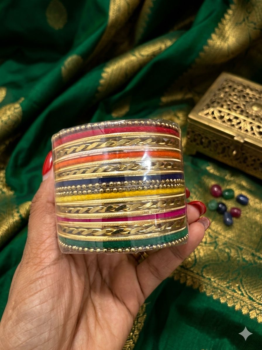 Multicoloured Kundan Pearl Zirconia Velvet Metal Bangles Set in Germany