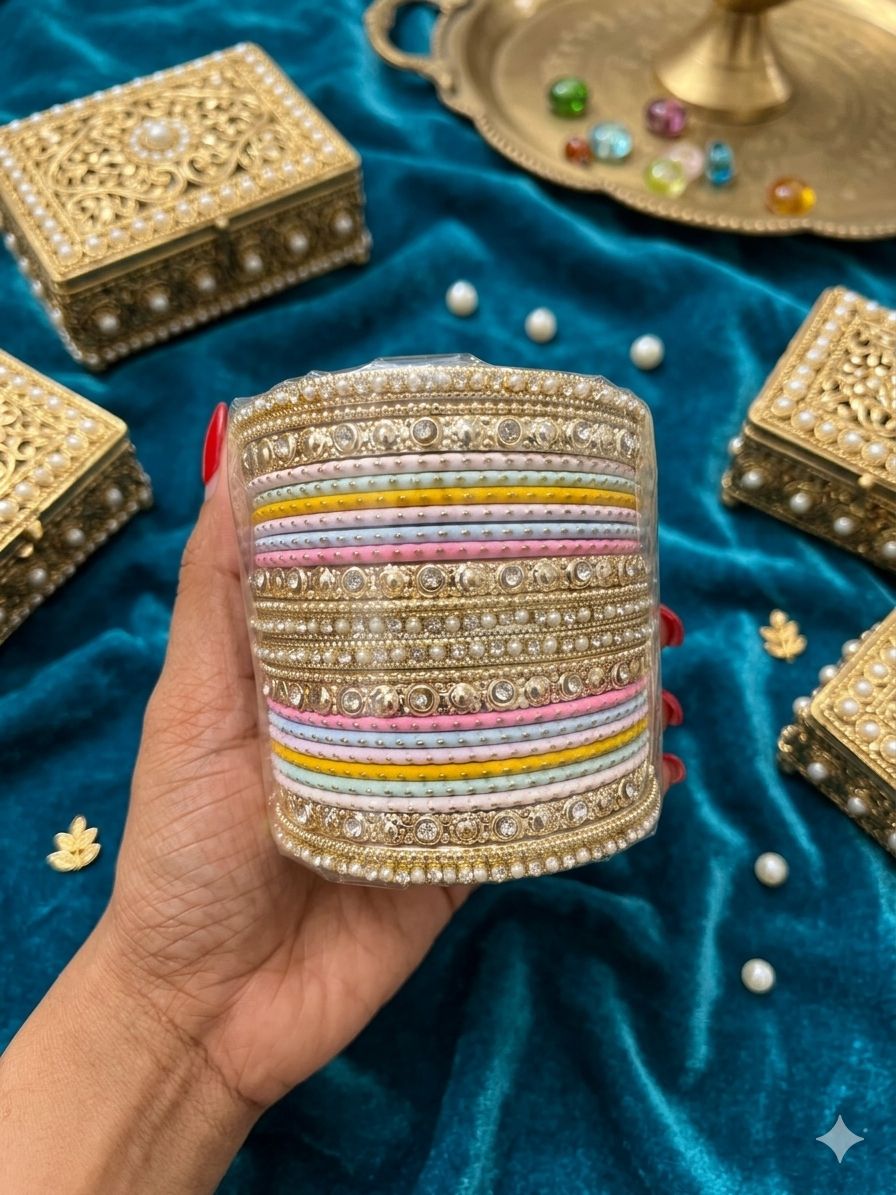 Multicoloured Kundan Pearl Zirconia Velvet Metal Bangles Set in Germany