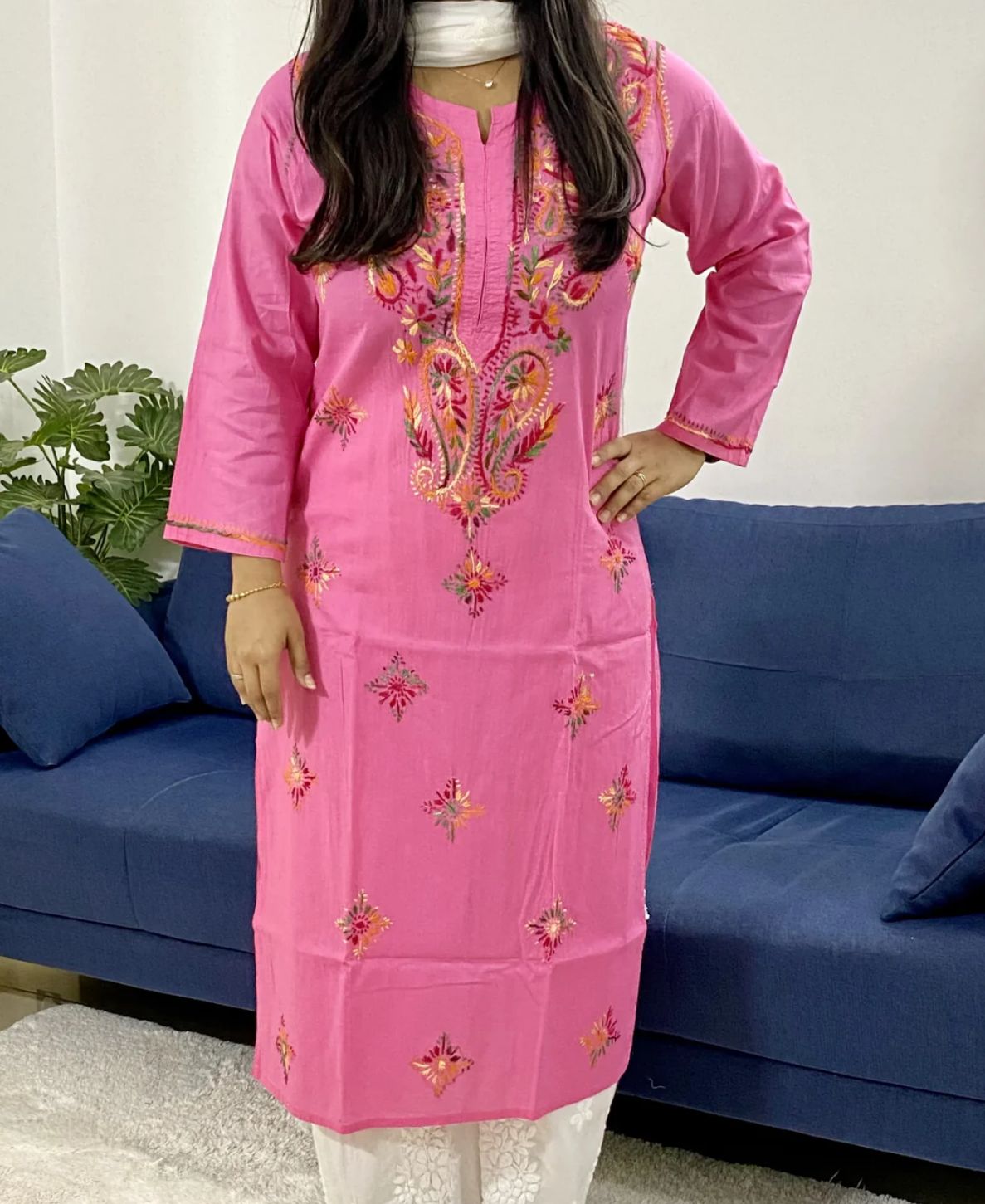 Cotton Chikankari Handwork Women's Solid Long Kurti in Germany