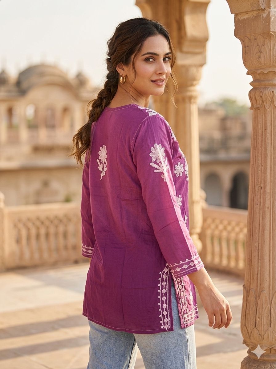 Chikankari V-Round Neck Straight Kurti in Germany