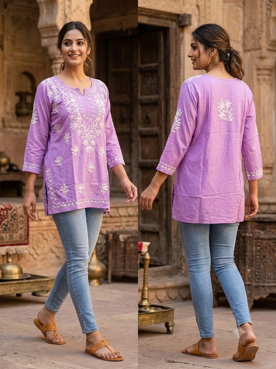 Lavender Lucknowi Chikankari Short Kurti in Germany