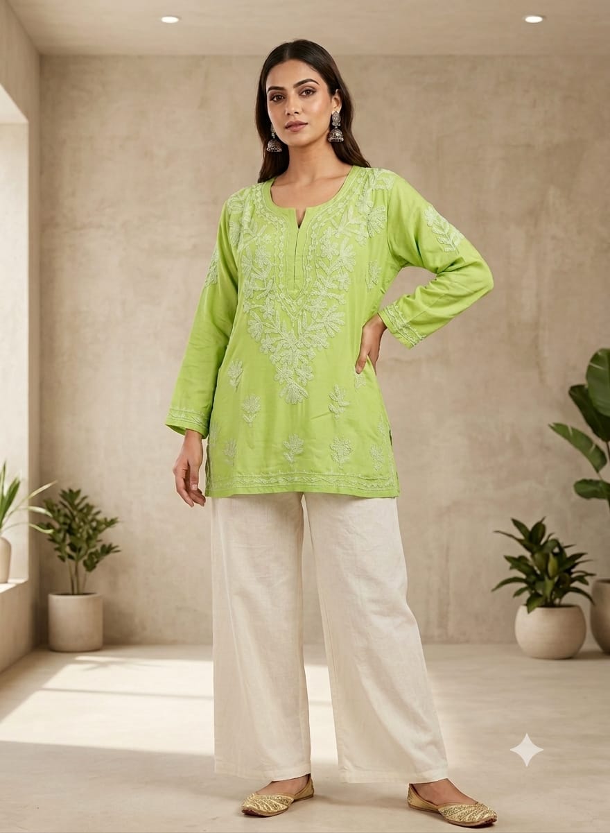 Lime green hand-embroidered Lucknowi Chikankari short kurti in Germany