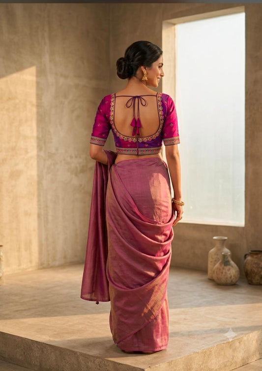 Magenta silk-textured blouse embroidery and fabric detail - Neha Couture Indian Fashion