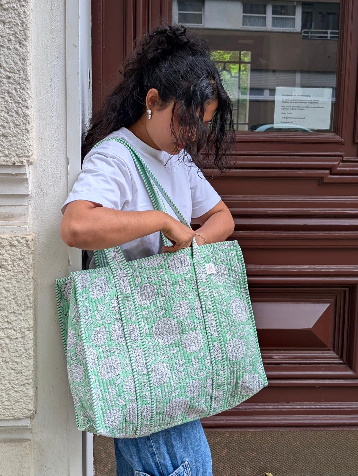 Green Hand Block Printed Cotton Quilted Tote Bag in Germany