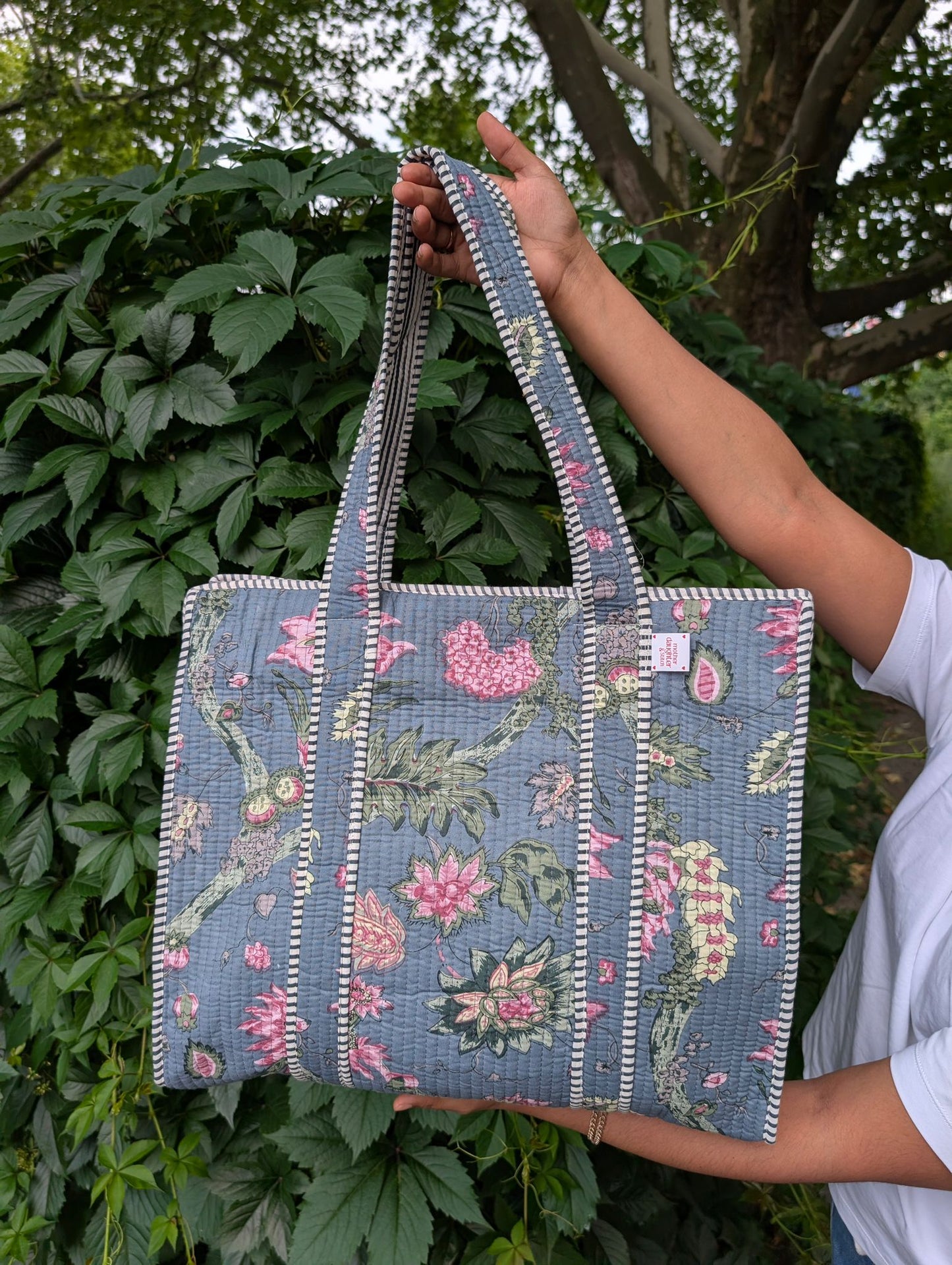 Grey and Pink floral Print Cotton Tote Bag in Germany