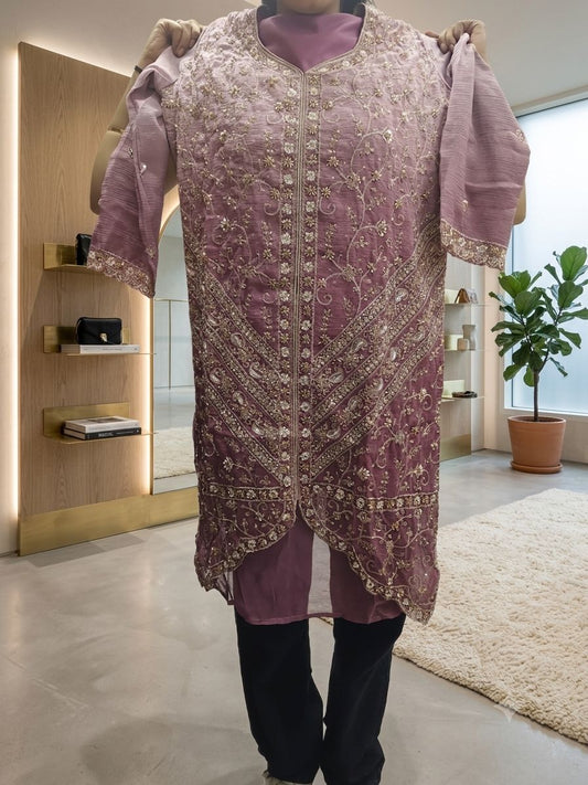Elegant Lavender sharara suit embroidery and fabric detail - Neha Couture Indian Fashion