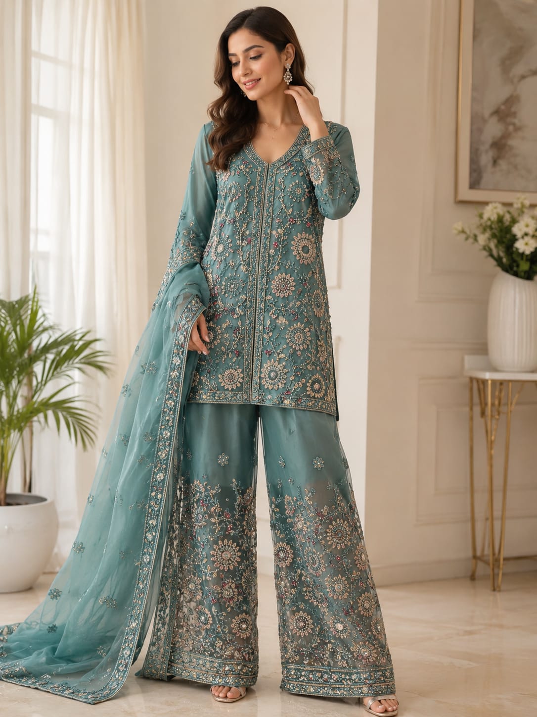 Powder Blue embroidered net sharara suit set in Berlin