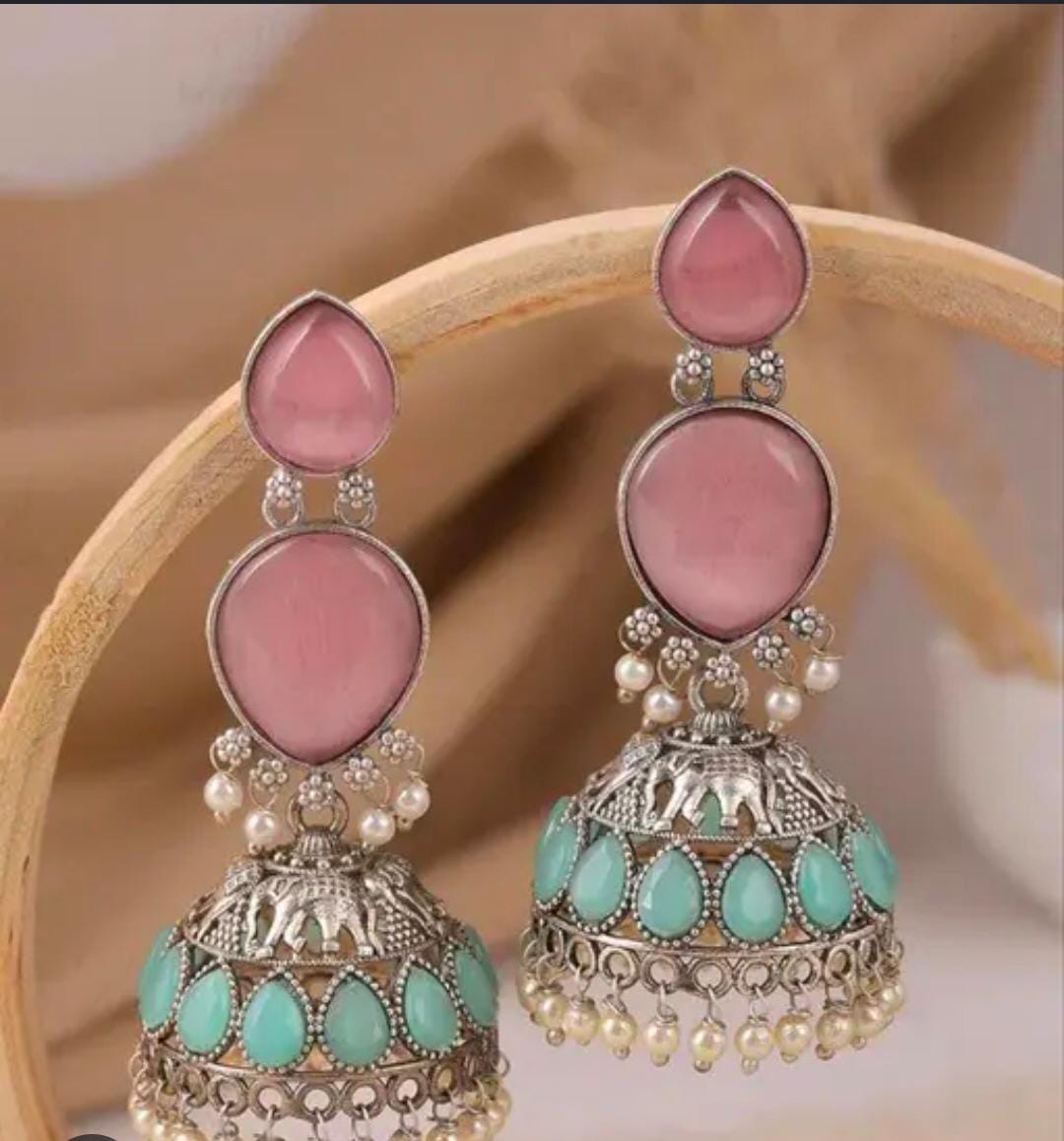 Oxidised Silver Pink and Mint Green Jhumka Earrings in Berlin
