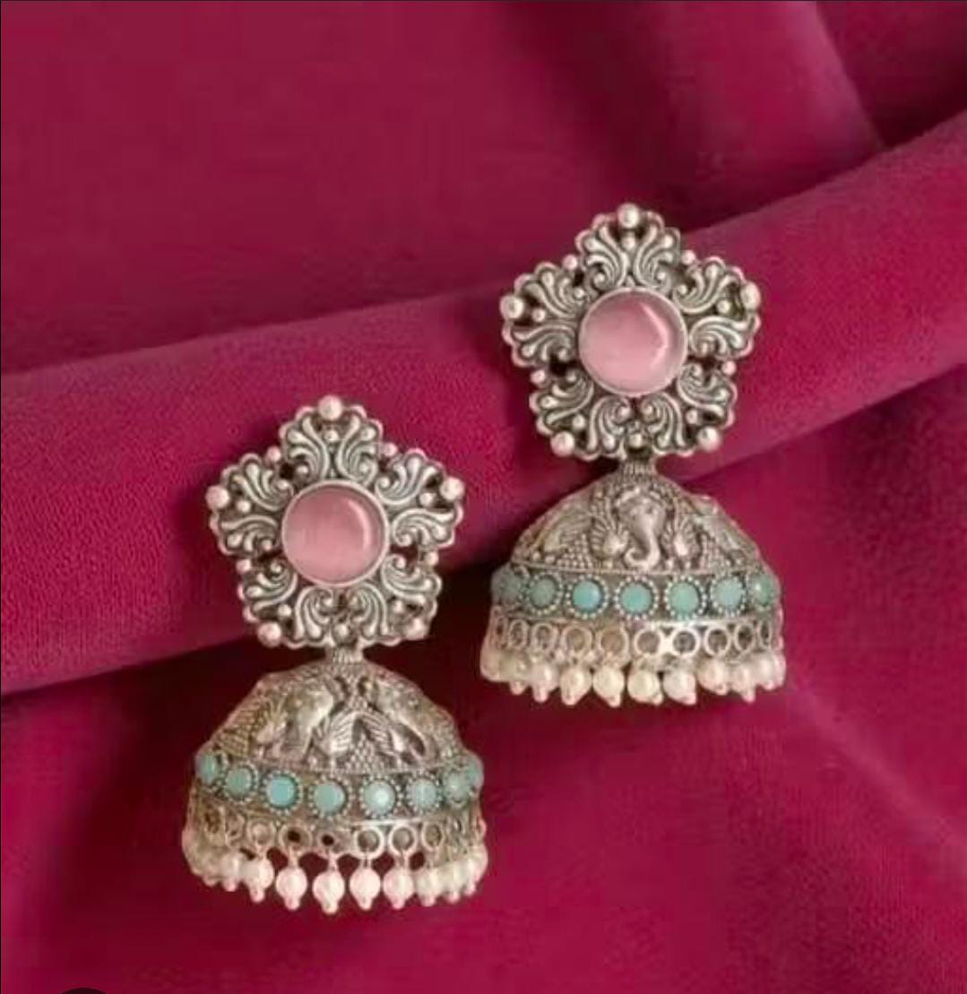Royal Pink Stone Oxidized Silver Jhumka Earrings in Germany