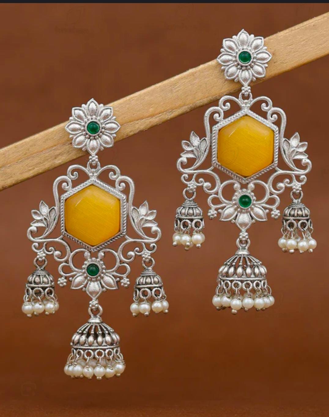 Oxidized Silver Yellow Dangler Jhumka Earrings in Berlin