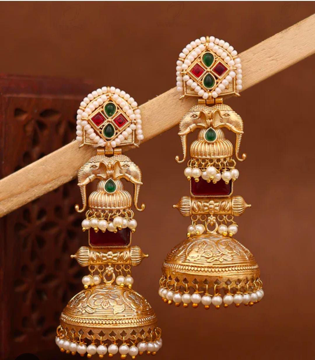 Antique Gold-Plated Temple Elephant Jhumka Earrings with Pearls and Multi-Color Stones in Germany