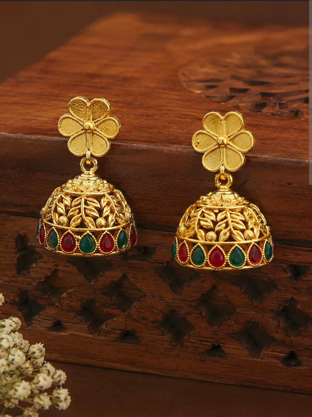 Traditional Floral-Top Kemp Stone Gold-Plated Jhumka Earrings in Germany