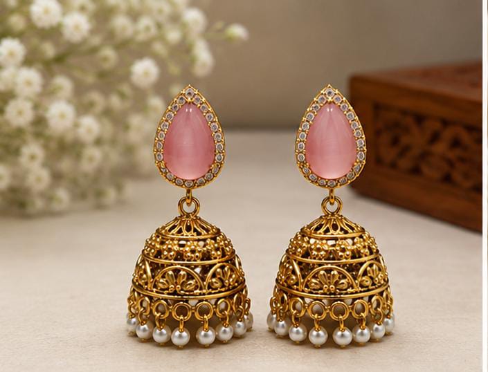 Traditional Gold-Plated Pink Stone Jhumka Earrings in Germany
