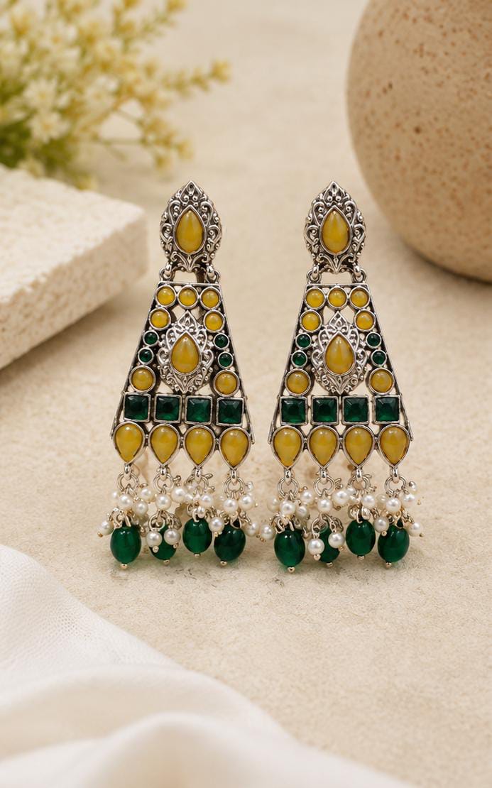 Oxidized Silver Geometric Chandelier Earrings with Yellow & Green in Germany