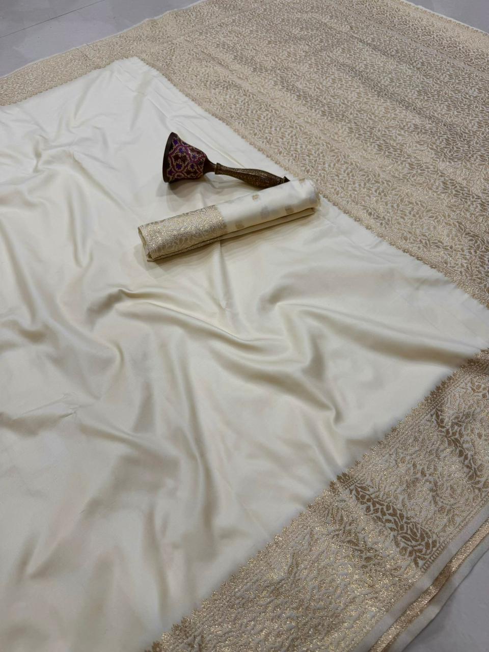Off-White Banarasi Silk Saree in Germany