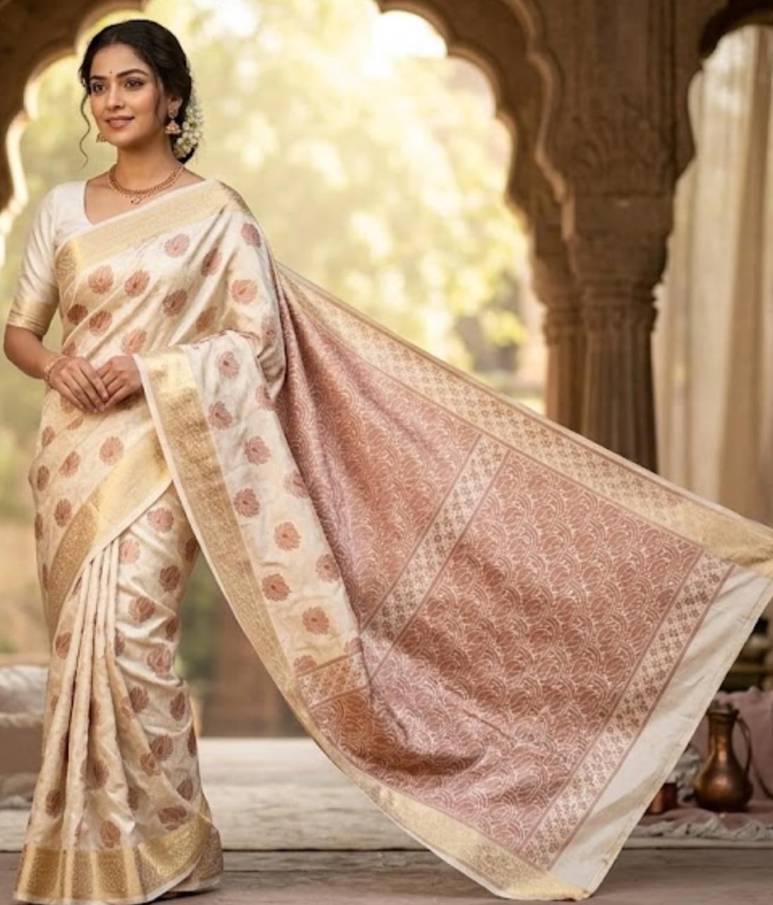 Elegant Cream and Rose-Gold Banarasi Silk Saree in Germany