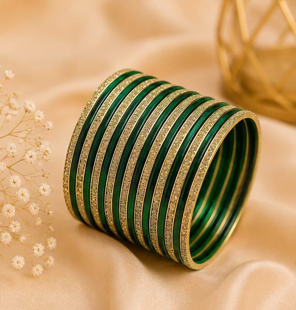 Traditional Emerald Green and Gold-Plated Stone-Studded Bangle Set in Berlin