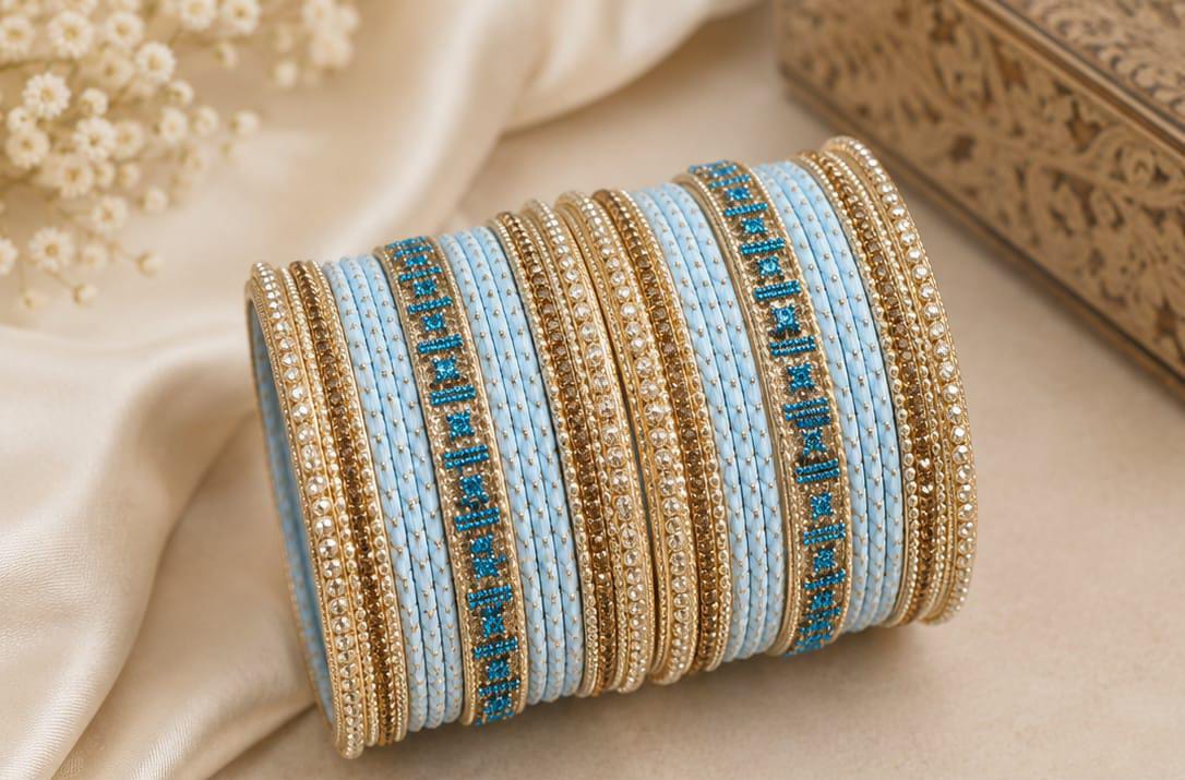 Sky Blue and Gold Bridal Chura Bangle Set in Germany