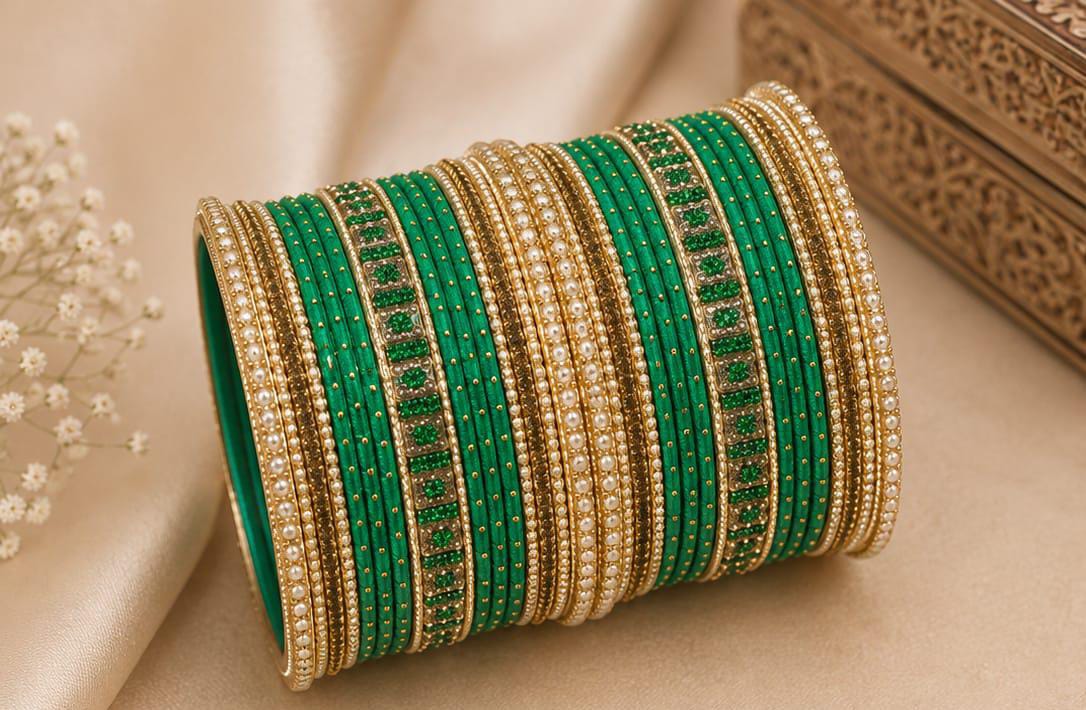 Gold Plated Synthetic Stone Green Traditional Bangle Set in Germany