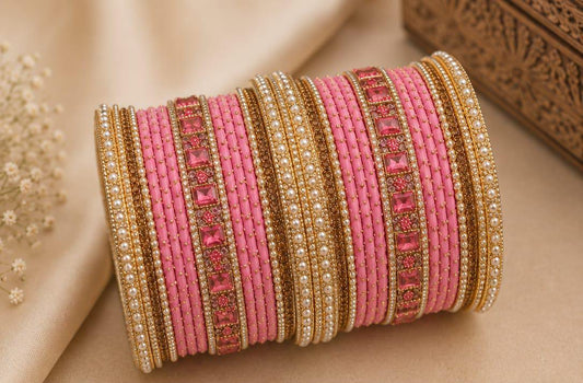 Elegant pink and gold traditional bangle set - Neha Couture Indian Fashion
