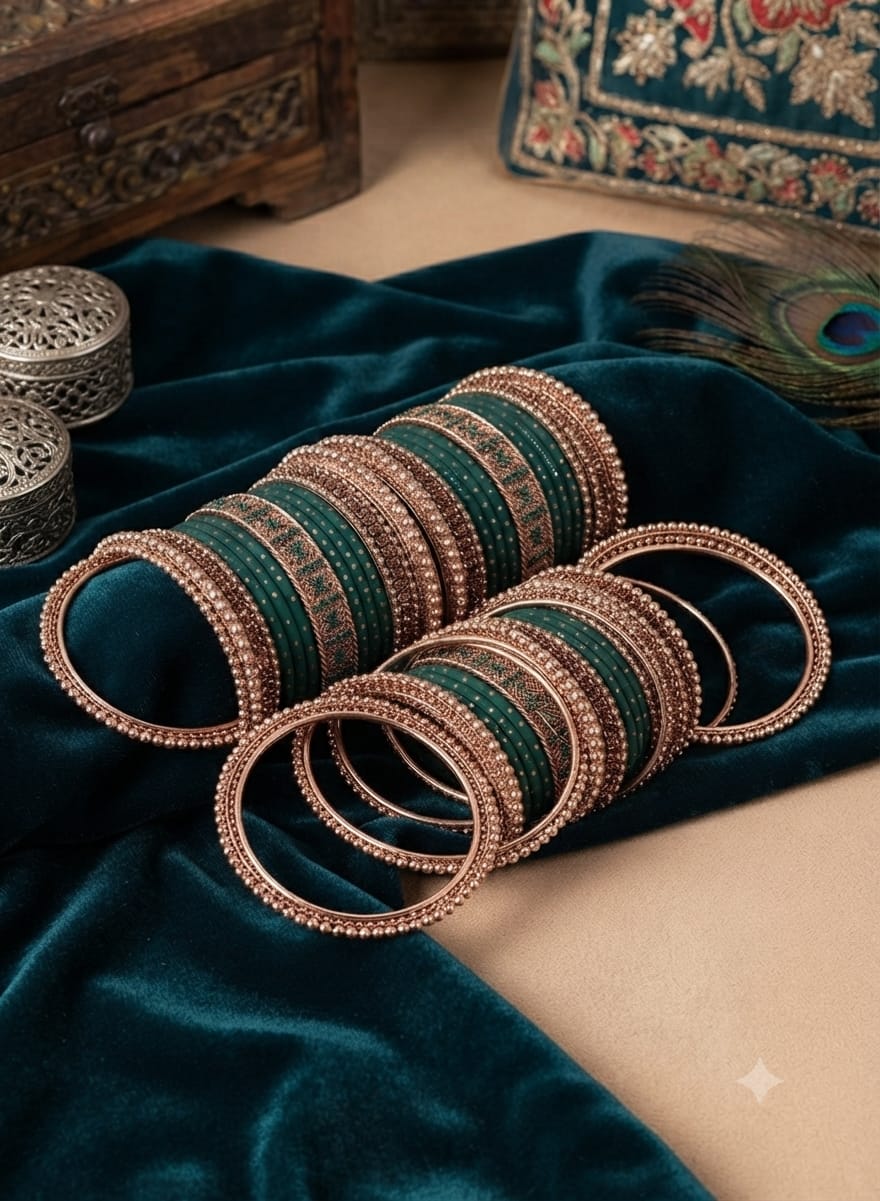 Antique gold and emerald green traditional bridal bangle set in Germany