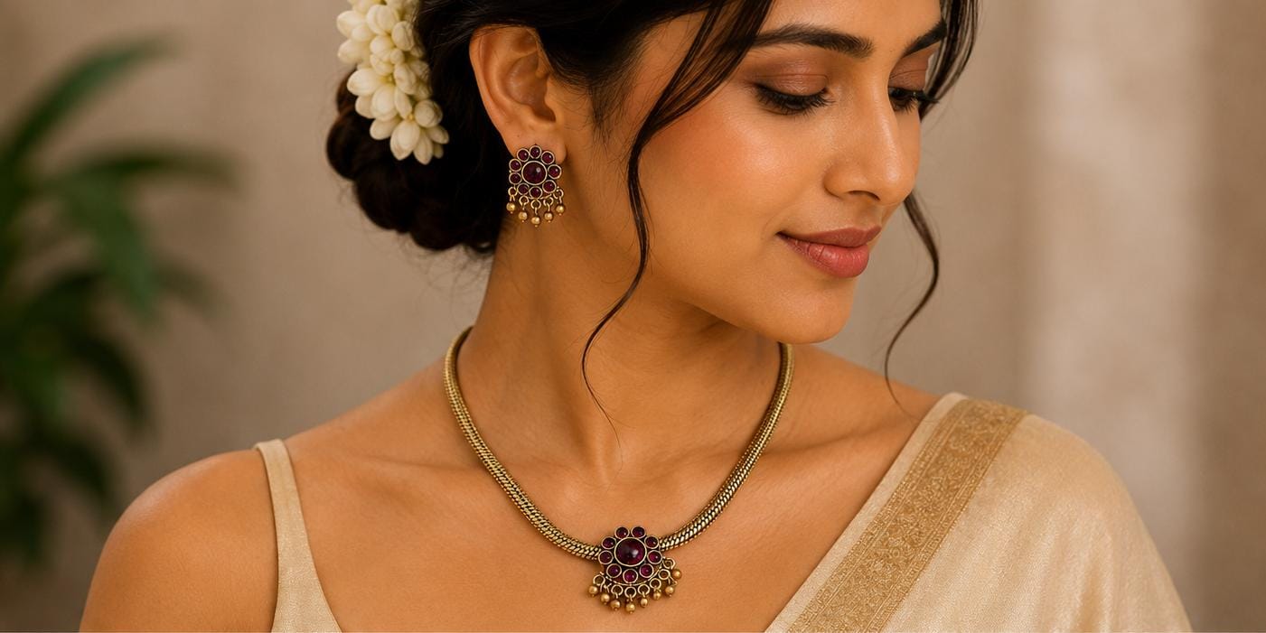 Traditional Antique Matte Gold Attigai Choker and Stud Earrings Jewellery Set in Germany