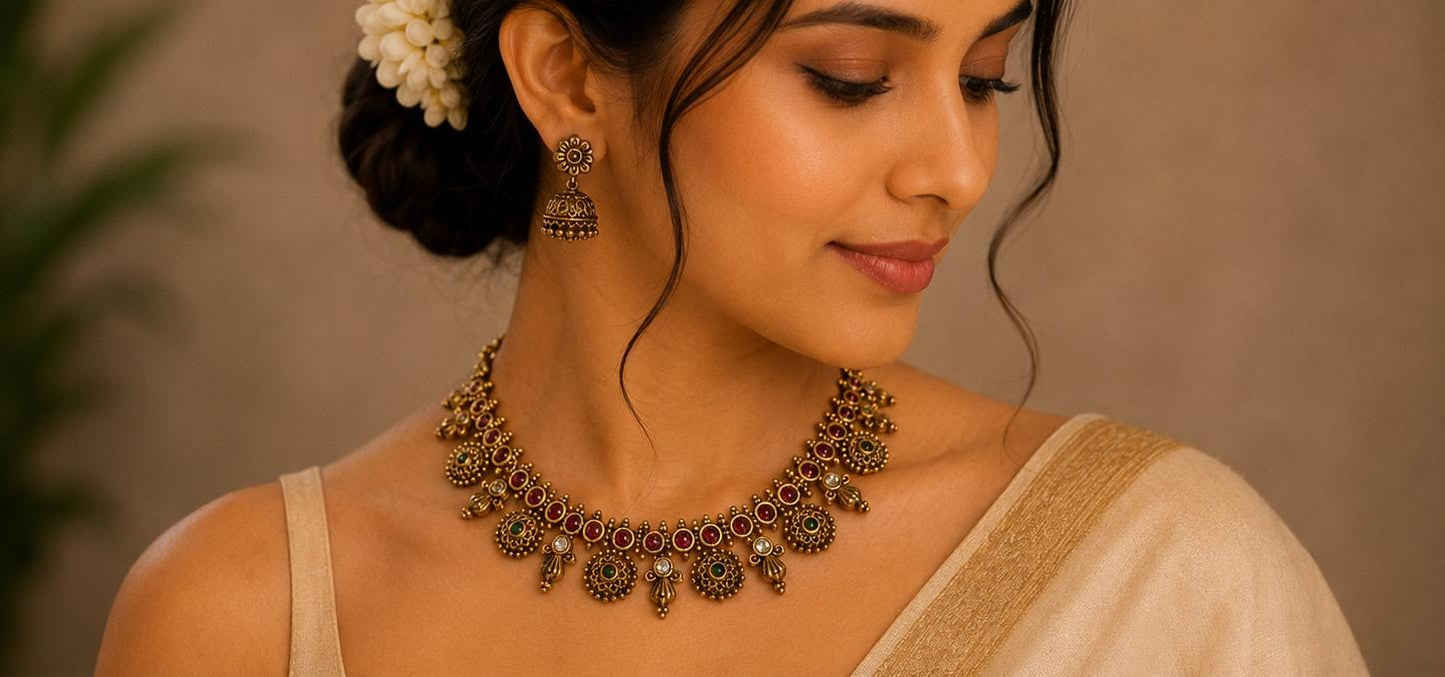 Traditional Indian antique gold necklace and earring set in Germany