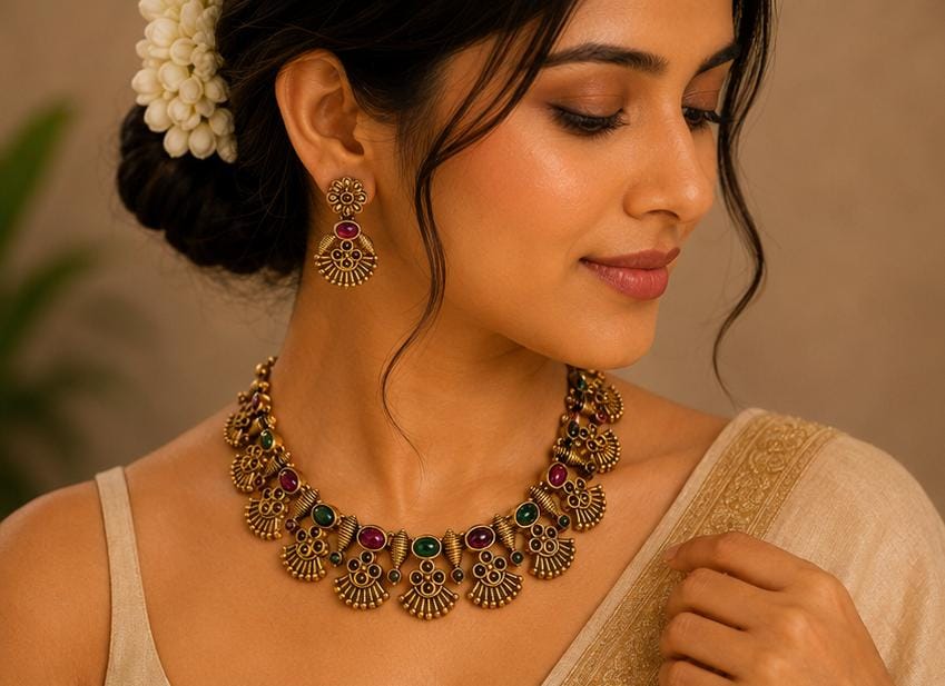 South Indian Antique Gold Kemp Stone Jewellery Set in Germany