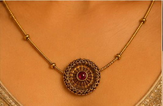 Traditional Antique Gold Pendant Necklace & Matching Stud Earrings Set - Neha Couture Indian Fashion